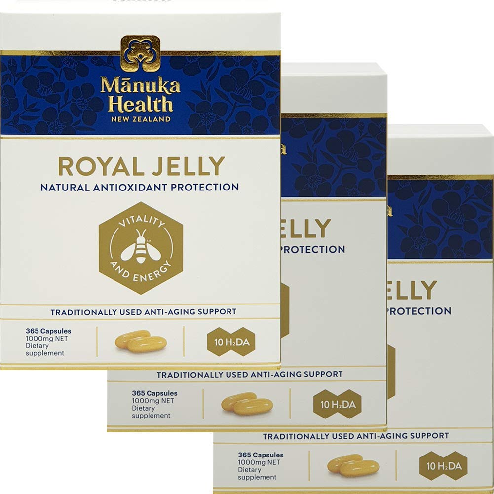 Manuka Health 10hda Royal Jelly 1000mg 365 Kapsułki 100% Czysta Nowa Zelandia Royal Jelly Immune System Booster & Wspiera zdrowie i witalność skóry (Opakowanie 3)