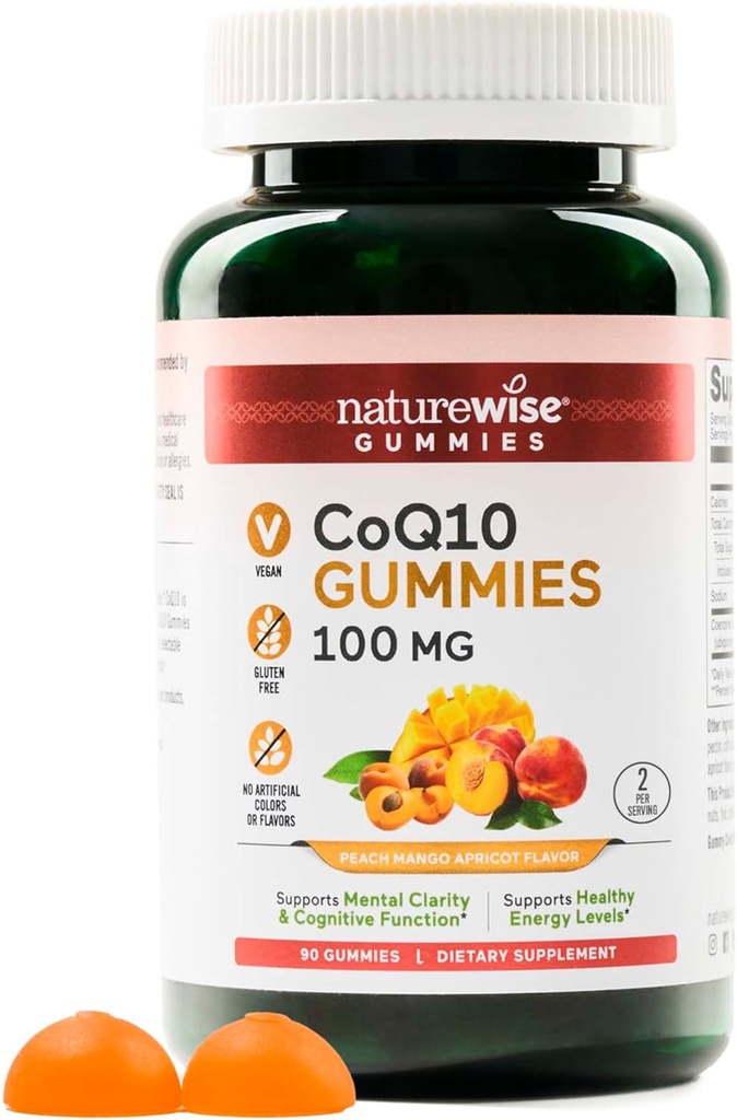 NatureWise CoQ10 Gummies 100mg - Peach Mango Flavor - Supplement for Heart Health & Antioksydant Activity - Pectin- Based, Vegan, Soy and gluten Free, Non-GMO - 90 Count [45- Day Supply]