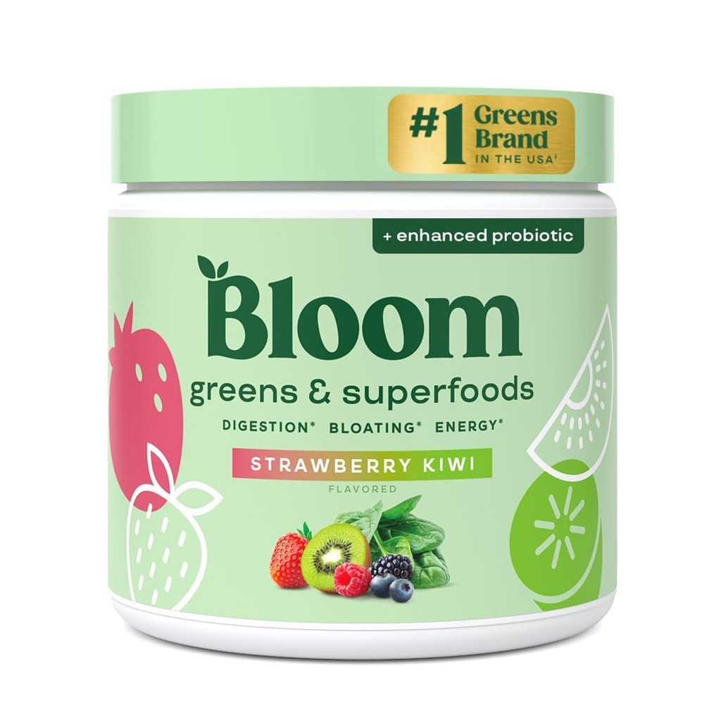 Bloom Żywienie Zielone i Superfoods Proszek dla zdrowia trawiennego, Zielony Proszek, Enzymy trawienne, Probiotyki, Spirulina, Chlorella dla Bloating & Gut Support, Zielony sok, 30 SVG, Truskawka Kiwi