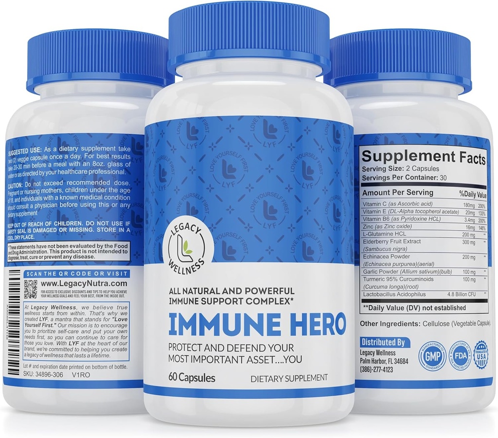Hero immunologiczne Suplement wsparcia immunologicznego - System immunologiczny Witaminy - Witamina C, E, B6, Cynk, L- glutamina, Echinacea, Czosnek, Kurkuma + Kapsułki z jagodami + Probiotyki dla Gut Health Protection, Wegan