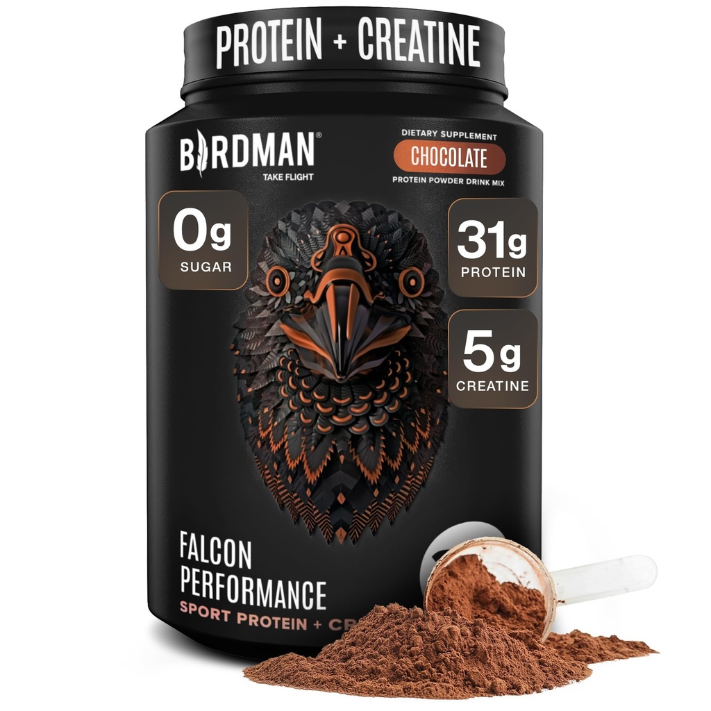 Birdman Falcon Performance Vegan Protein Powder, 31g Protein, 5g Creatine, 5g BCAA, Probiotyki, Electrolytes, Pre Workout, Niskie węglowodany, Bezcukrowy i Dairy Free, Na bazie roślin Czekoladowy Białko -19 porcji