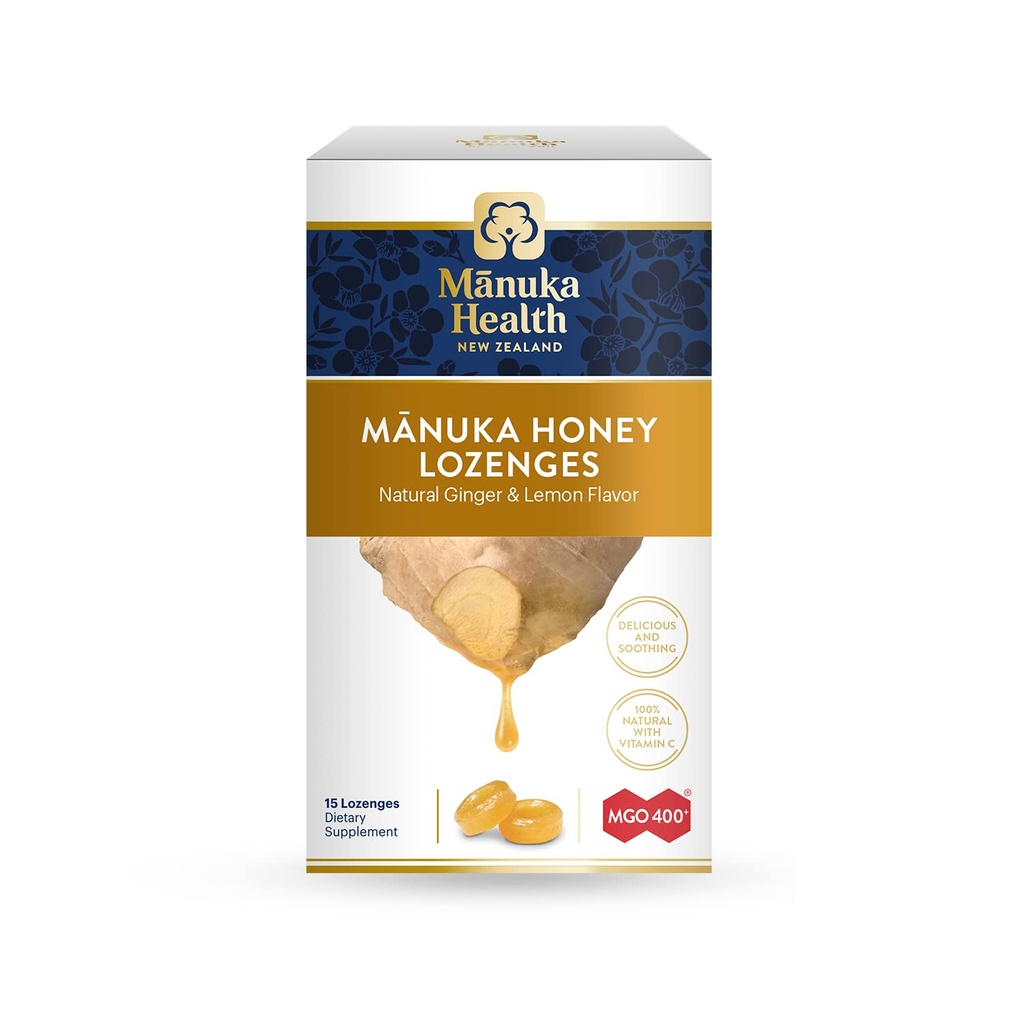Manuka Health Manuka Honey Lozenges - 15 Lemon i Ginger Flavored Lozenges - Natural Throat Lozenges Infused with Raw Manuka Honey and Witamina C for Immune Support