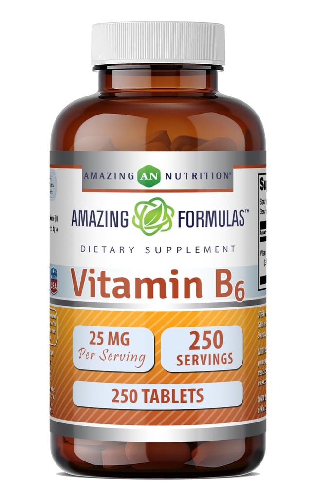 Niezwykłe witaminy B6 Pyridoxine 25mg 250 Tablets Supplement Agregat 124; Nie GMO Agregat 124; Gluten Free Agregat 124; Made in USA