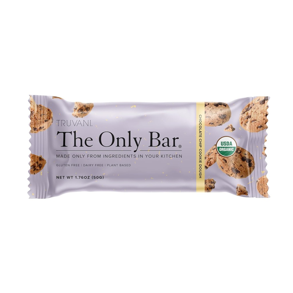 Truvani Plant Based Snack Bars: 124; Chocolate Chip Cookie Dough 1 Pack: 124; 5g Protein: 124; USDA Organic i Vegan: 124; The Only Bar Detail124; Dairy, Soy i Gluten Free: 124; Indywidualnie owinięte