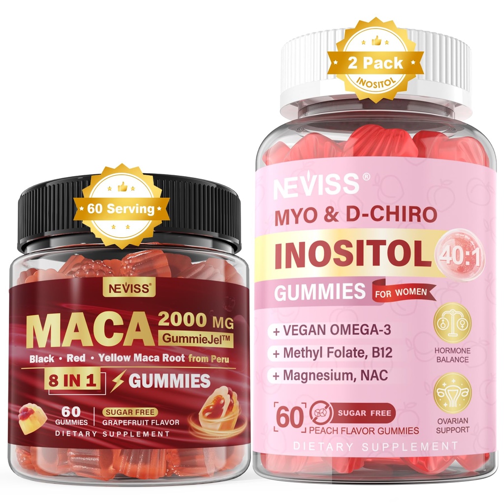 NEVISS Sugar Free 1Pack Maca Root Filed Gummies & 2Pack Myo- Inositol & D- Chiro Inositol Gummies