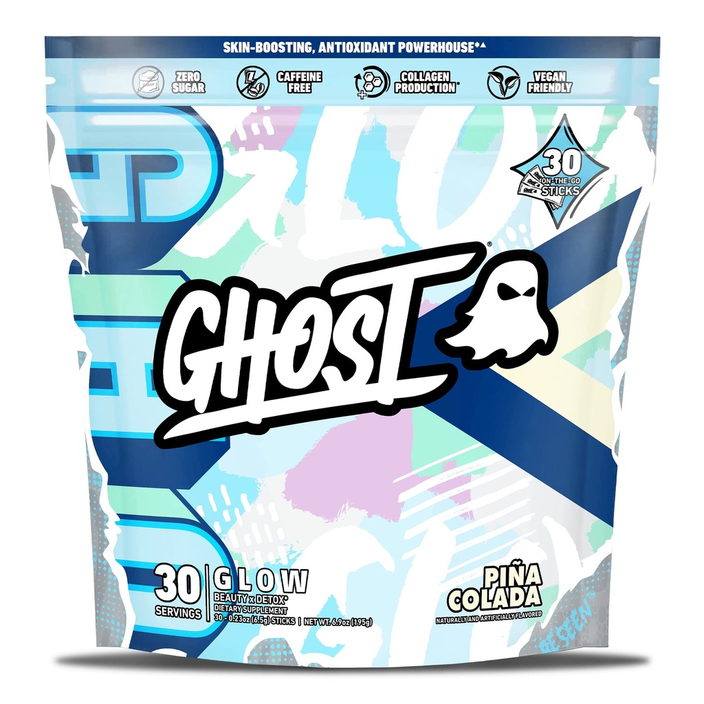GHOST Glow Sticks: Beauty and Detox Supplement - 30 On- The- Stick Packs, Pina Colada - Kwas hialuronowy, Biotin & L- Theanine dla wsparcia chusteczki - Sugar Free, Gluten Free