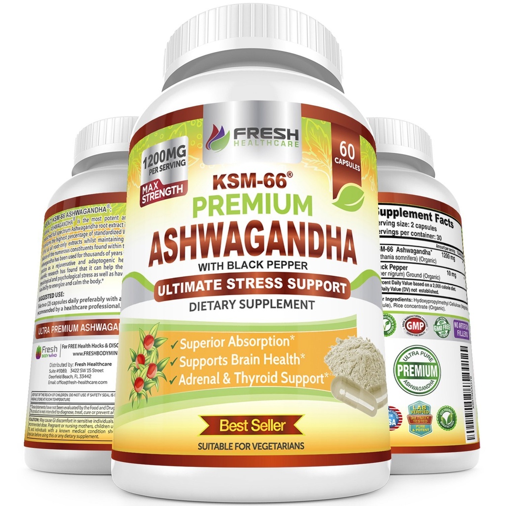 ŚWIEŻE ZDROWIE Ashwagandha Kapsułki KSM- 66 1200mg Ekstrakt Pure Root z czarnym pieprzem do wysokiej absorpcji - Potent Ashwagandha Suplement - 60 Kapsułki wegańskie