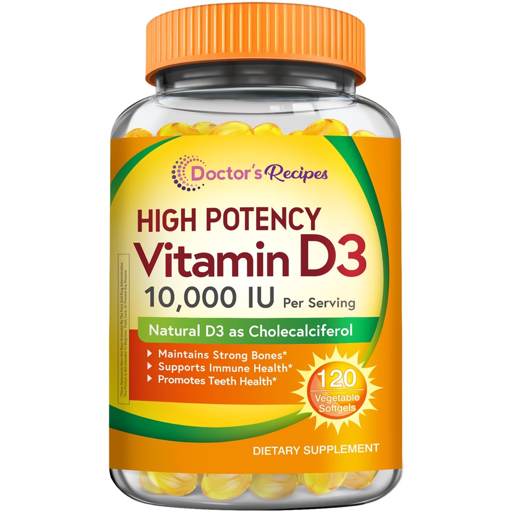 Lekarz 's Recipes Witamina D3 10000 IU, Kości, Zęby, i wsparcie immunologiczne, Non-GMO, No Gelatin, Gluten lub Soy, 120 Softgels wegetariańskie