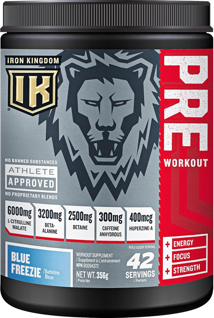 Żelazo Królestwo Wstępny trening Proszek dla mężczyzn i kobiet Kofeina, Beta Alanine i Aminos do intensywnej koncentracji Endurance & Pompa - Wstępny trening energii Drink Proszek Naturalny niebieski Freezie - 42 Służenie