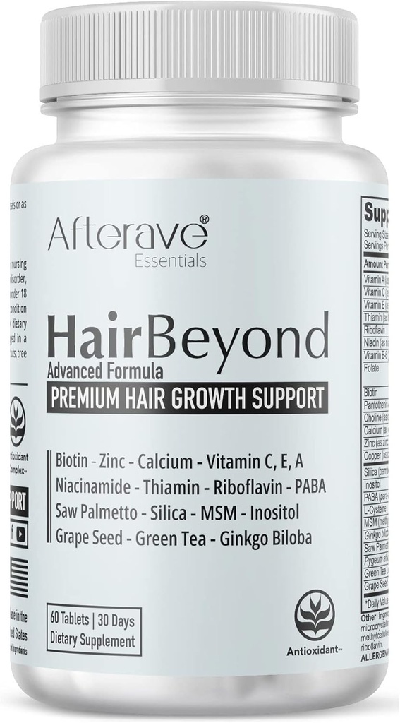 HairBeyond Advanced Hair Growth Formula Poprawia Follicle & Scalp Siła dla silniejszego wzrostu, Ochrona włosów, Witamina A, C, E, B Kompleks Piła Palmetto Silica Cynk Wapnia Niacyna Tiacyna Biotin