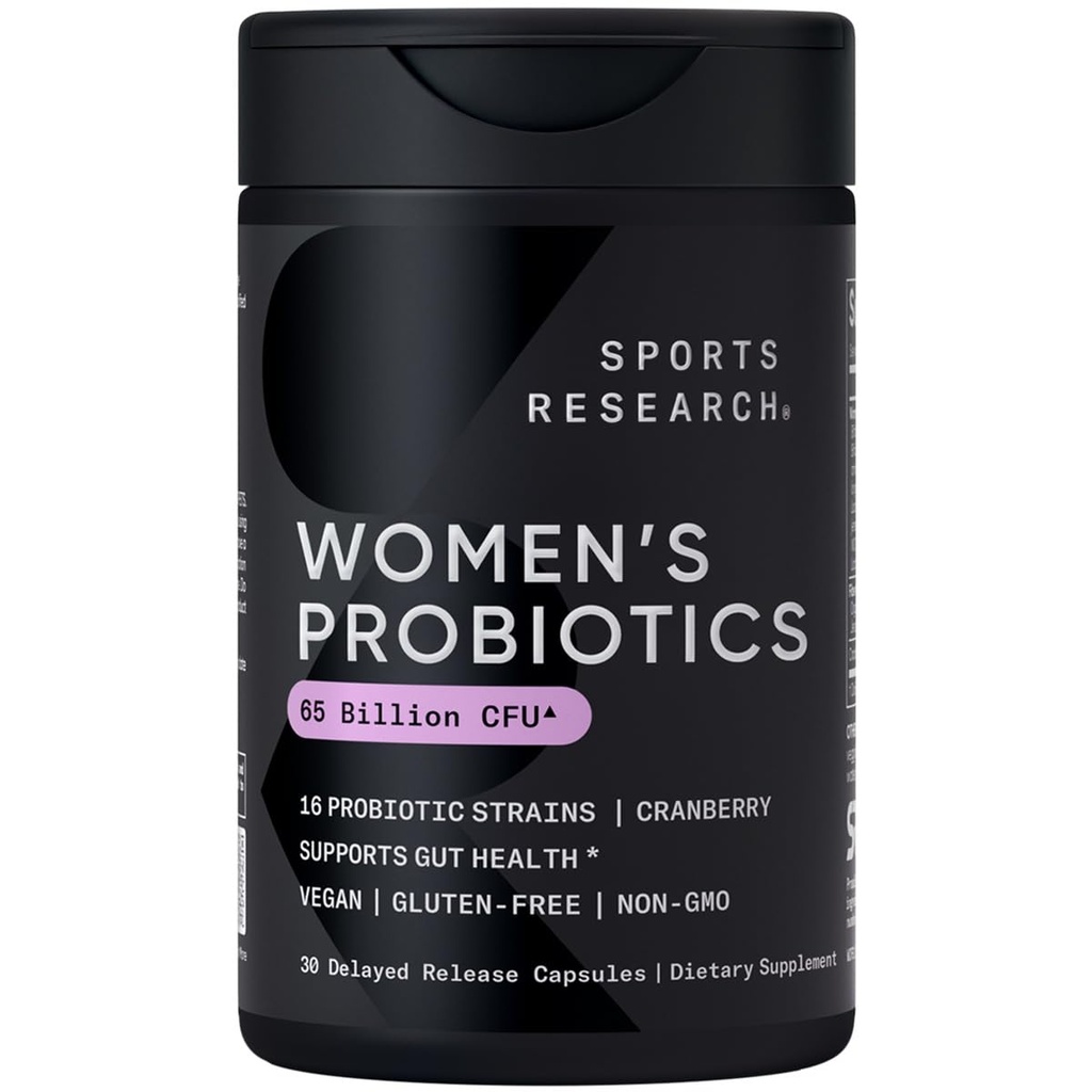 Sports Research ® Probiotyki Kobiet z Prebiotyką, 65 Miliard CFU - Kapsułki wegańskie dla Gut Health & Wsparcie pokarmowe, Probiotyki dla Kobiet z Żurawicą - Non-GMO Zweryfikowane & Gluten Free - 30 Count