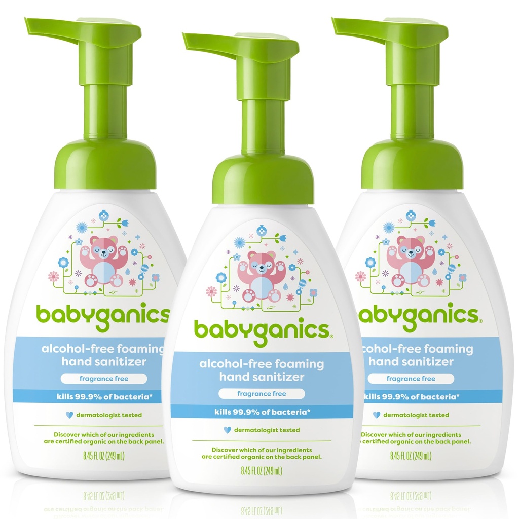 Babyganics Alkohol Bezpieniący Sterylizator do rąk, Pompa butelka, Wolny zapach, 8.45 oz, 3 Pack