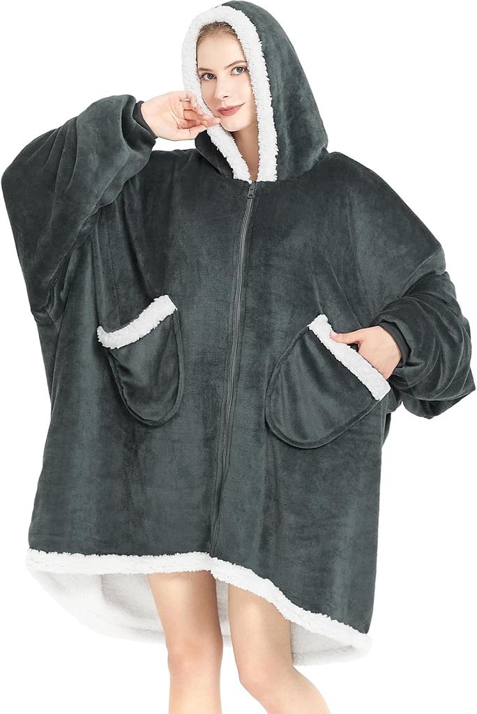 Topcee Oversized Wearable Blanket Sherpa Fleece Blanket Hoodie Comfortable Soft Warm Thick Big Hooded Sweatshirt - Cozy and Fuzzy Blanket with Giant Pocket - Dark Grey