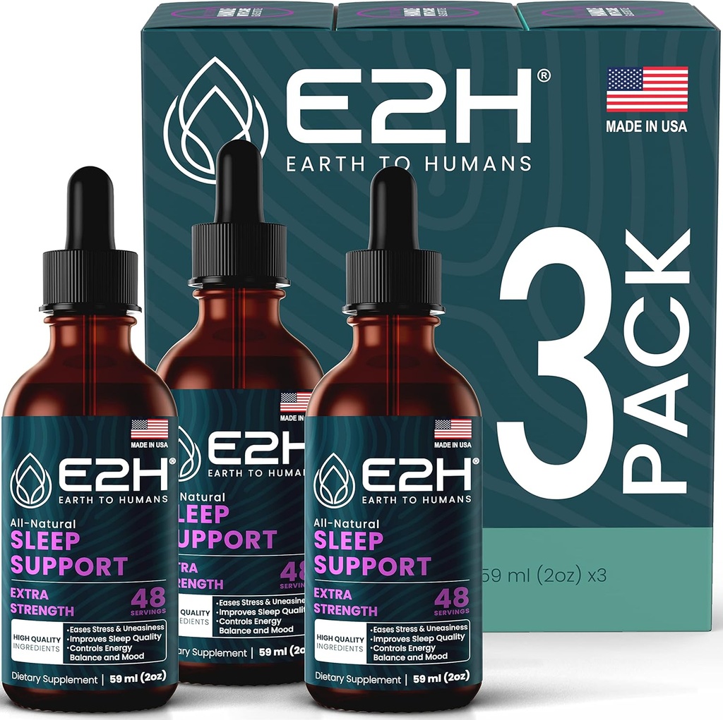 E2H Natural Sleep Aid - Płynna melatonina z rumiankiem, Theanine - Sen lepiej, głębiej, dłużej - Wegan, GMO- Free - Zapewnia ulgę stresową (3 butelki)