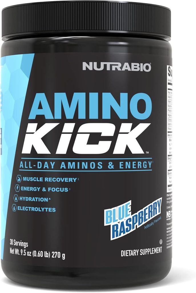 NutraBio Amino Kick - BCAA Proszek z naturalną kofeiną - Amino Acids Supplement for Energy, Hydration & Recovery - BCAA, Electrolytes & Amino Acids - Blue Malina, 30 Służenie