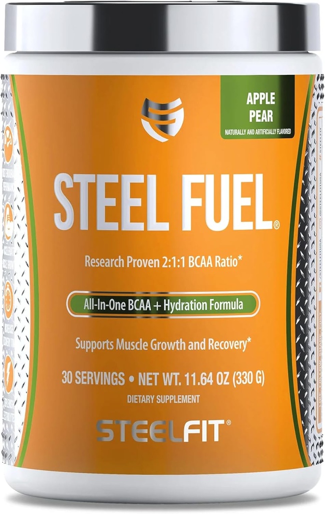 SteelFit Steel Fuel 5g BCAAs Acids Proszek do Intra- Workout do przyspieszenia wzrostu mięśni i zwiększonej wytrzymałości - 30 Służenia w Jabłkowej Gruszce - BCAA Suplementy Proszek do elektrolitów i odzysku