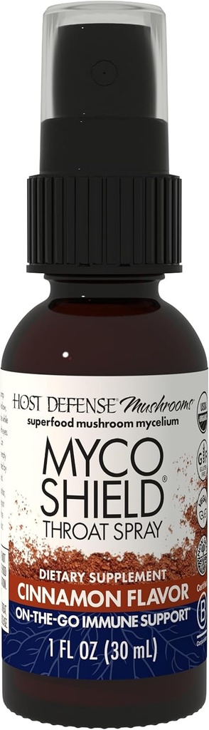 Host Defense MycoShield Throat Spray - Immune Health Support - Dietary Mushroom Supplement with Chaga, Reishi, Turkey Tail & More - On- The- Go Immune Support - Cynamon Flavor, 1 fl oz (71 Servings) *