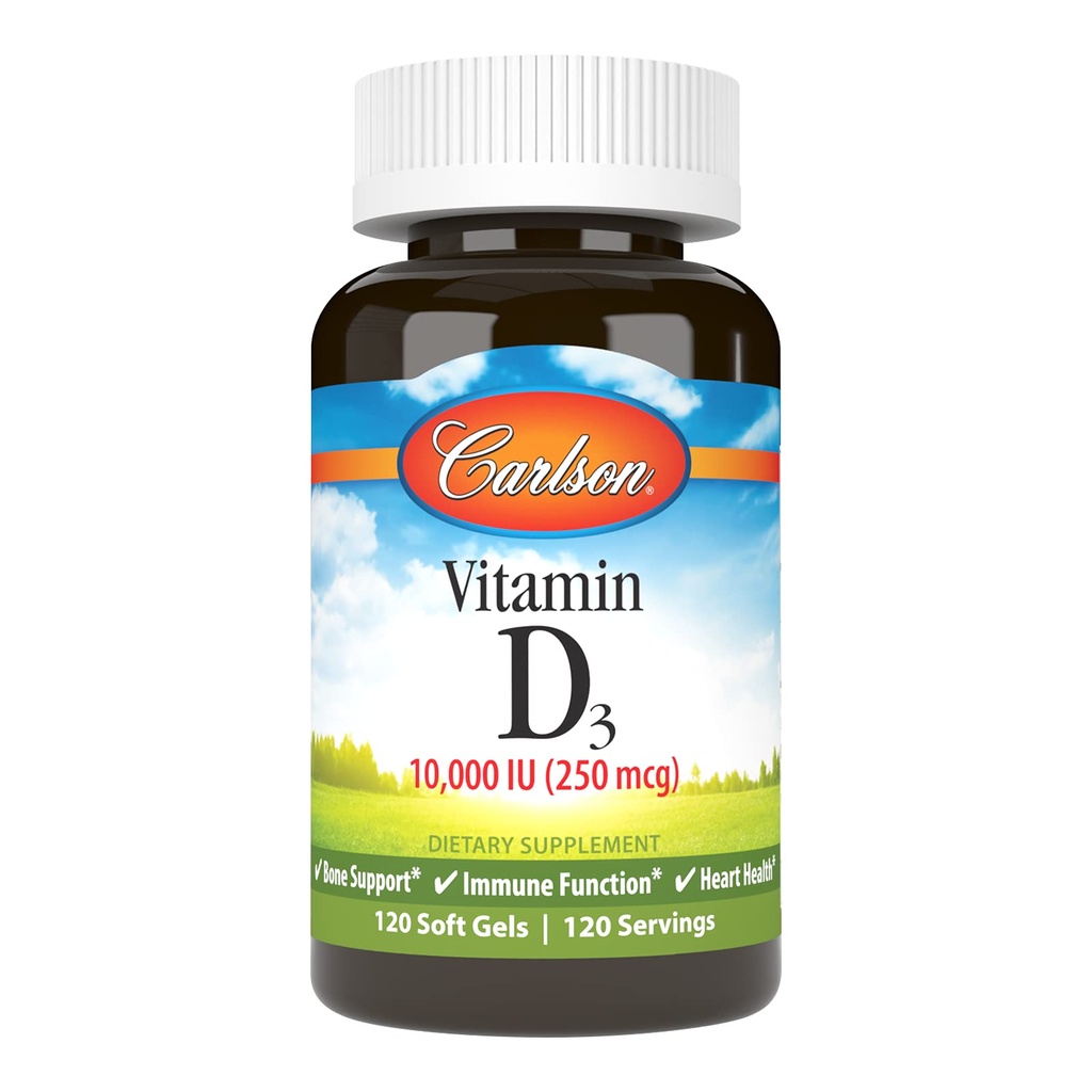 Carlson - witamina D3, 10000 j.m. (250 µg), suplementy witaminy D, wsparcie dla kości i odporności, witamina D3 Softgels, Heart Health, Gluten Free Witamina D kapsułki, 120 Softgels