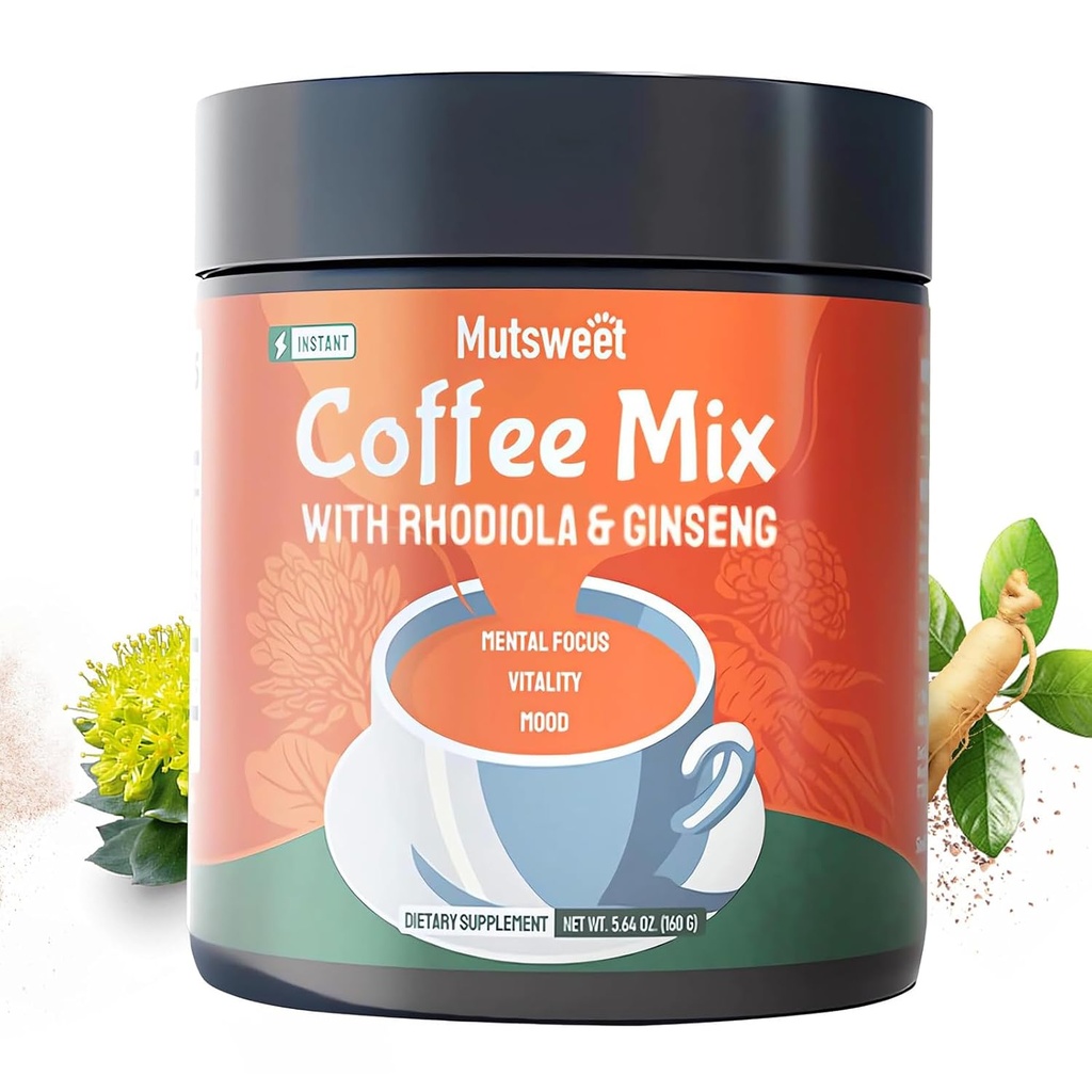 Mutsweet Rhodiola Rosea Instant Coffee Mix z suplementem Ginseng, 40 Servings, Kawa alternatywna proszek, Ginseng Extract, Para Coffee Support Energy, Mood, Stress, Stamina