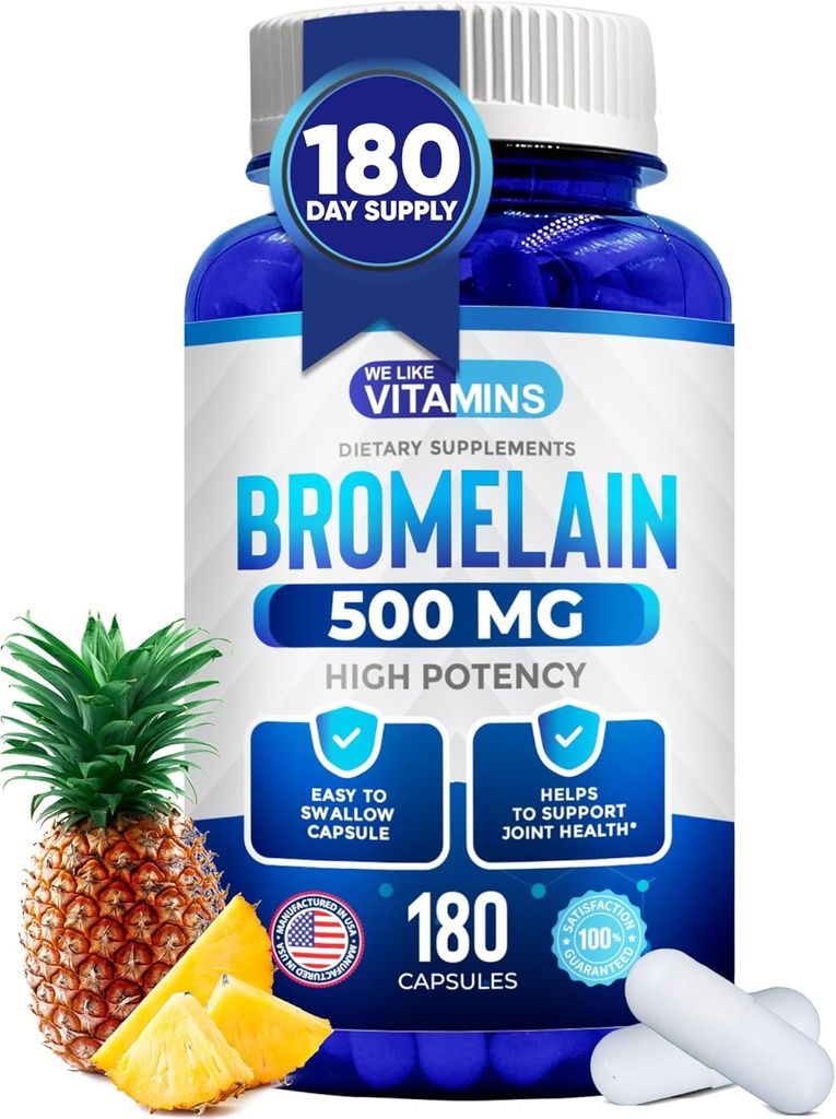 Lubimy witaminy Bromelain 500 mg kapsułki - 1200 GDU / Serving - Suplement bromelainowy z ekstraktu ananasowego - Enzymy proteolityczne do trawienia, Wchłanianie, Ból stawów, Ból mięśni - 180 Kapsułki