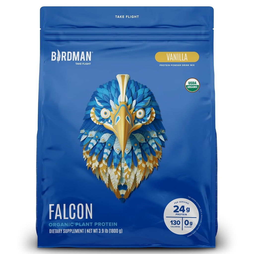 BIRDMAN Falcon Vegan Protein Powder Organic, Stevia & Sugar Free, Białko oparte na roślinach, Niskie węglowodory, Wolne od mleka, Keto, Białko nieserwatki, Probiotyk, Białko pei 124; Smak wanilii - 60 Służenie - 3.9 lb