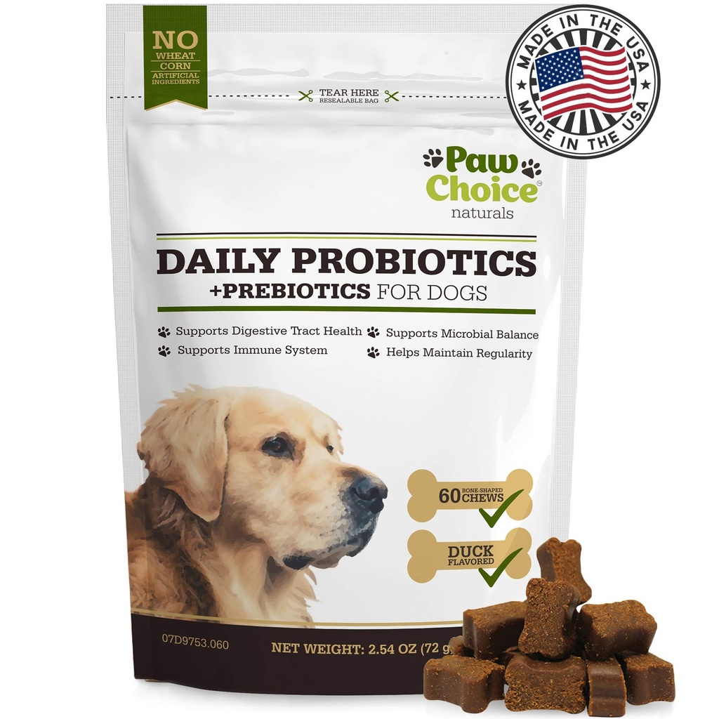 Paw Choice Probiotyki dla psów z prebiotyką - Codzienne żucia dla Gut zdrowia, trawienie, Regularność i wsparcie immunologiczne - Natural Supplement Treat Made in USA
