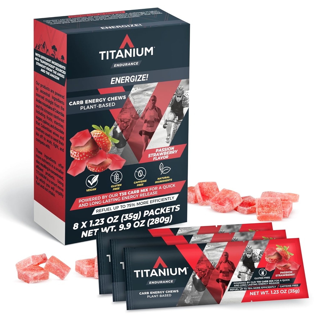 TITANIUM Pożucia energetyczne dla biegania, jazda na rowerze - Gummie z naturalną wytrzymałością plantacji do Re Paliwo - Suplementy energetyczne - Wstępny trening Przekąski Bloki - Szybsze niż żele energetyczne - No Caetle - 8 Count