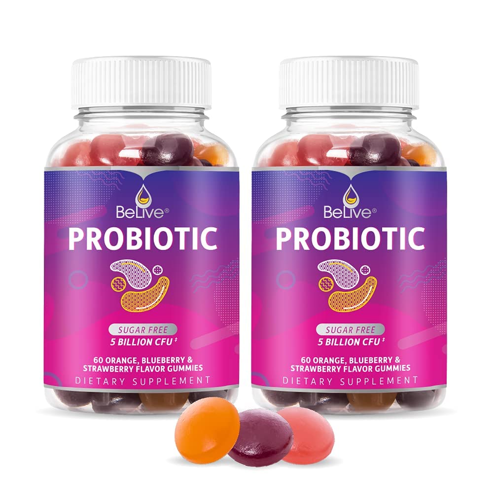 BeLive Gummie Probiotyczne - Probiotyki z 5 Miliard CFU na zdrowie pokarmowe, Mężczyźni, Kobiety i Dzieci Suplementy Probiotyczne dla wsparcia immunologicznego, Cukier wolny & Wegan - Blueberry, Truskawka i Pomarańcza 124; 2Pack
