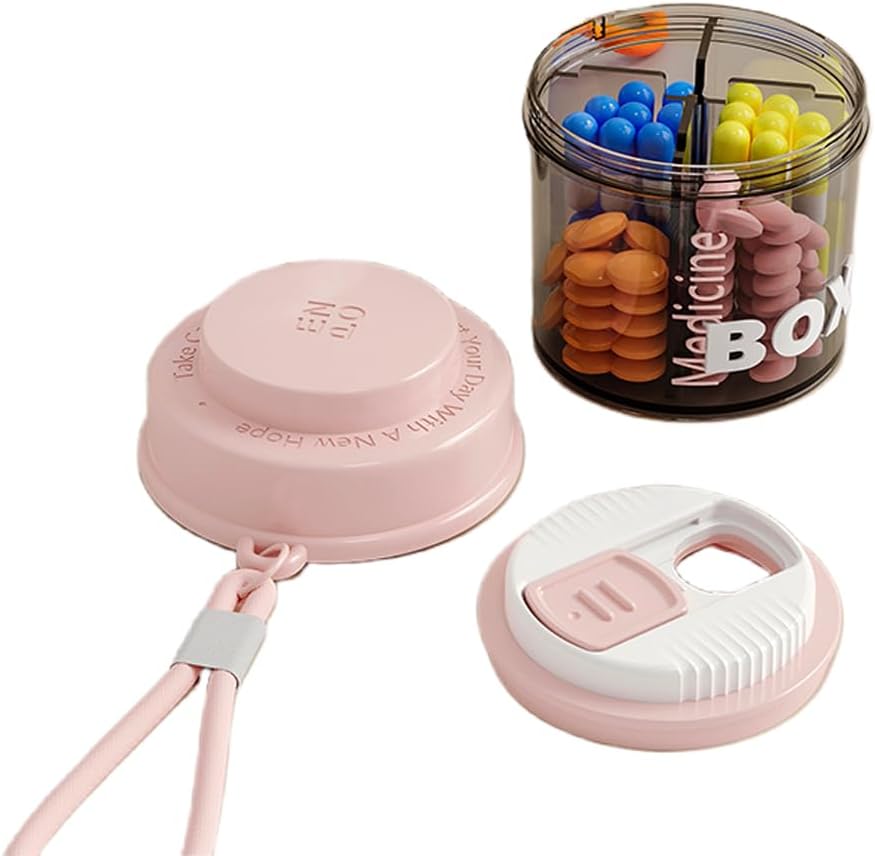 Pink Pill Box for Women Purse, Małe Pill Box, Travel Pill Organizer, 4 przedziały na butelki, pasuje w kieszeni, Torebka Pill Organizer, Travel Pill Case (Pink)