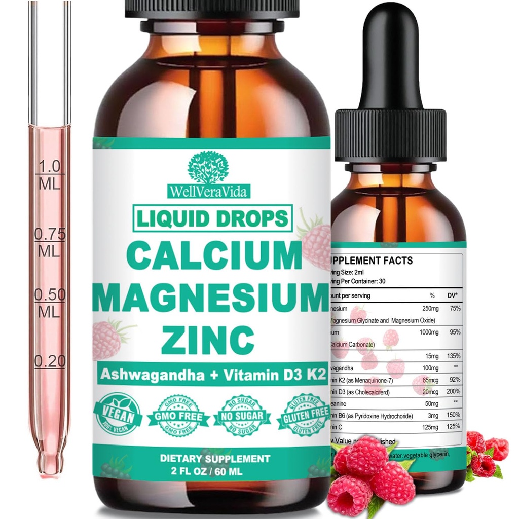 Wapń Magnezu cynku D3 z ciekłym Magnezu Glycinate Plus Ashwagandha, L-Theanine, Wapń płynny z witaminą D3 i suplement magnezu dla immunologicznego, kości, mięśni, nastrojów i wsparcia snu