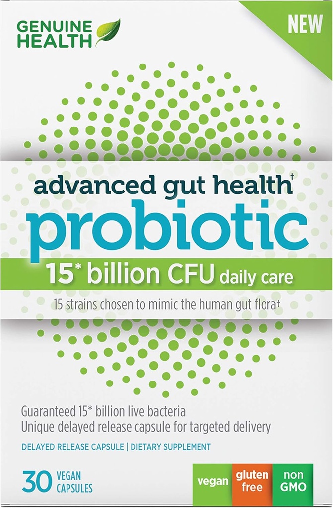 Genuine Health Advanced Gut Health Gentlemen - Care Probiotic, Pomaga Promować Digestive, przewodu pokarmowego & Gut Health, Formuła wielokrotna, 30 Kapsułki