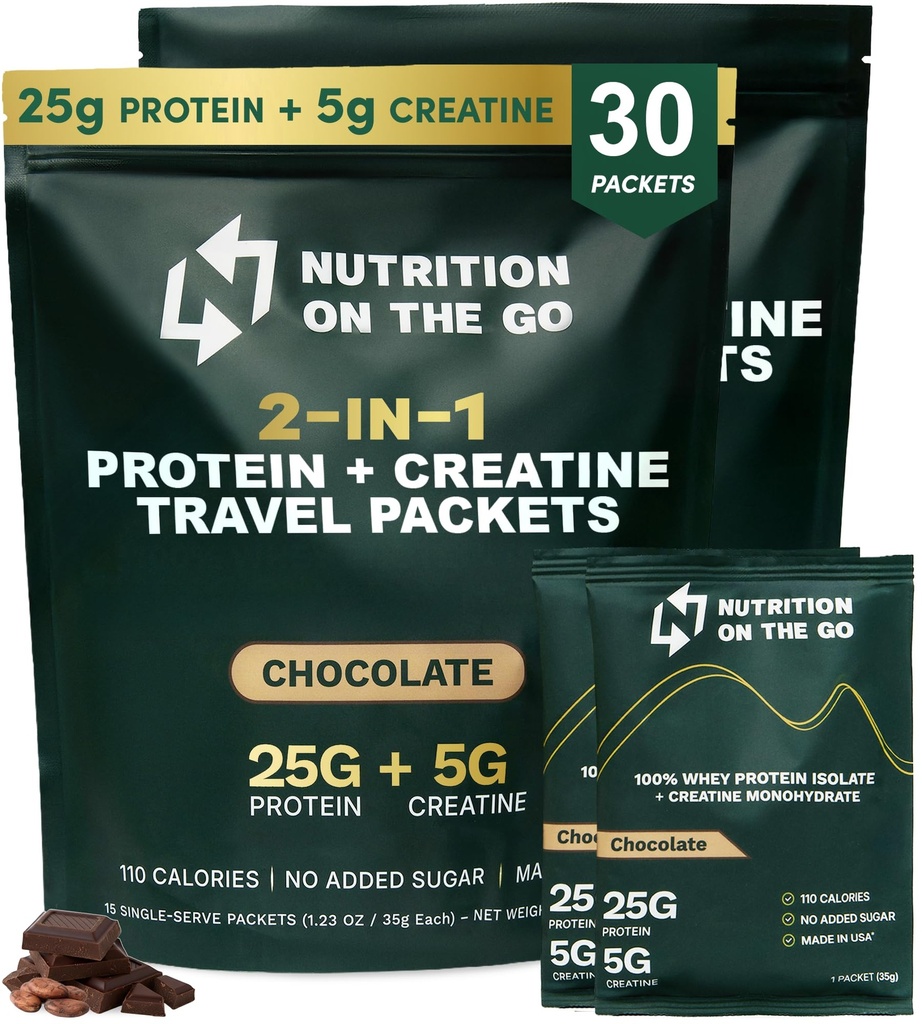 Nutrition On The Go Whey Protein Isolate Pakiety z Creatine - 25g Protein + 5g Creatine - Single- Serve Travel Protein Powder - Czekolada (30- Pack)