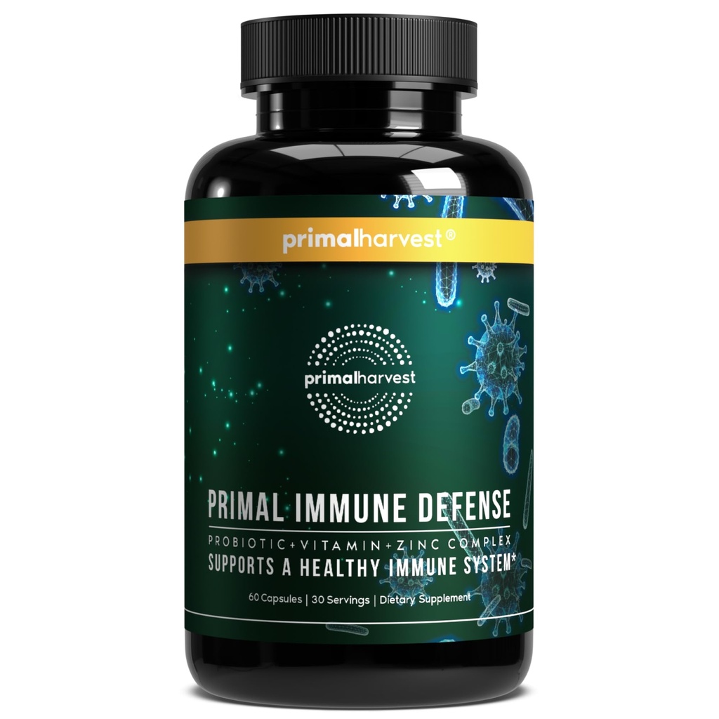 Pierwotne zbiory Prymal Immune Defense 10- in-1 Immune Defense Supplement: z 7 Miliard CFU Probiotyki, Cynk, Witaminy C, B6, D3, K2 - Wzmacniacze immunologiczne dla dorosłych 60 Kapsułki (1 opakowanie)