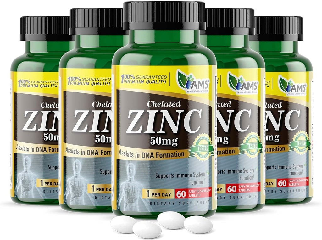 America Medic & Science Chelated Cynk 50 mg suplementy (5 opakowań po 60 tabletek) Wzmacniacz immunologiczny i silne leki przeciwutleniające dla dorosłych mężczyzn i kobiet 124; Wysoko wchłanialny minerał, poprawia nastrój i sen
