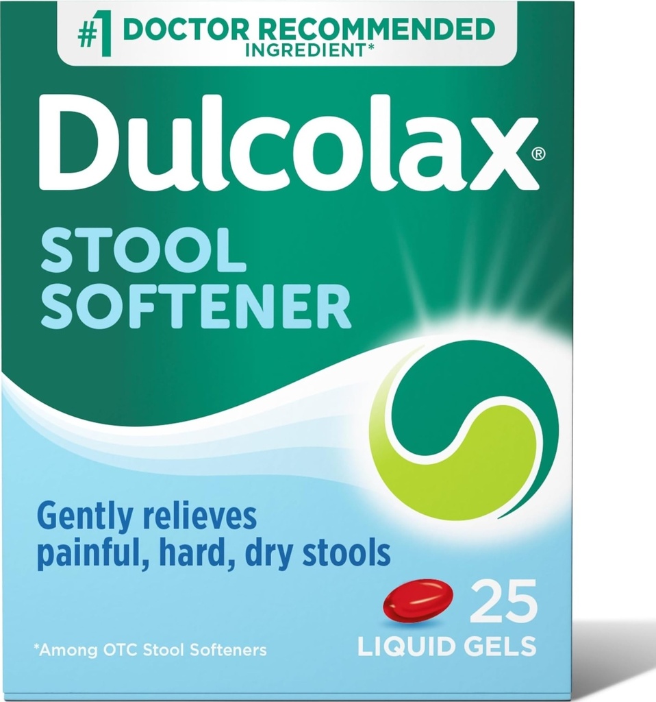 Dulcolax Stool Softener Laxative Liquid żel Kapsułki, Delikatne zaparcia Relief dla twardych, suchych narzędzi, Docusate Sodu 100 mg, 25 Count