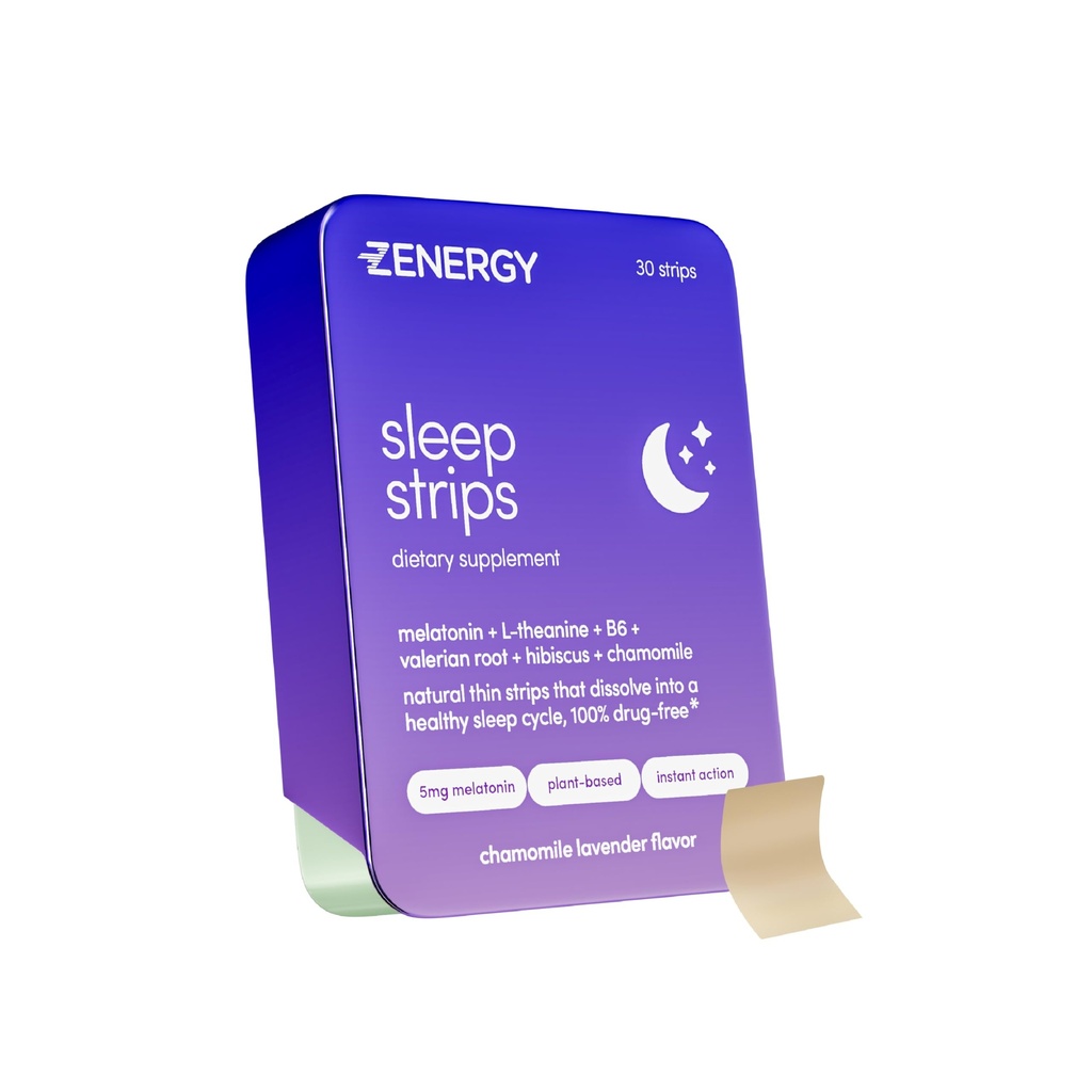 ZENERGY Sleep Oral Strips - Rumianek Lavender Flavor 124; 5 mg Melatonina + 20 mg L- Theanina + 100% Witamina B6 + Botanicydy 124; 0 Cukier, 0 Kalorii, 0 Gluten, Wegan, Natychmiastowa akcja 124; 1 Tin = 30 Paski
