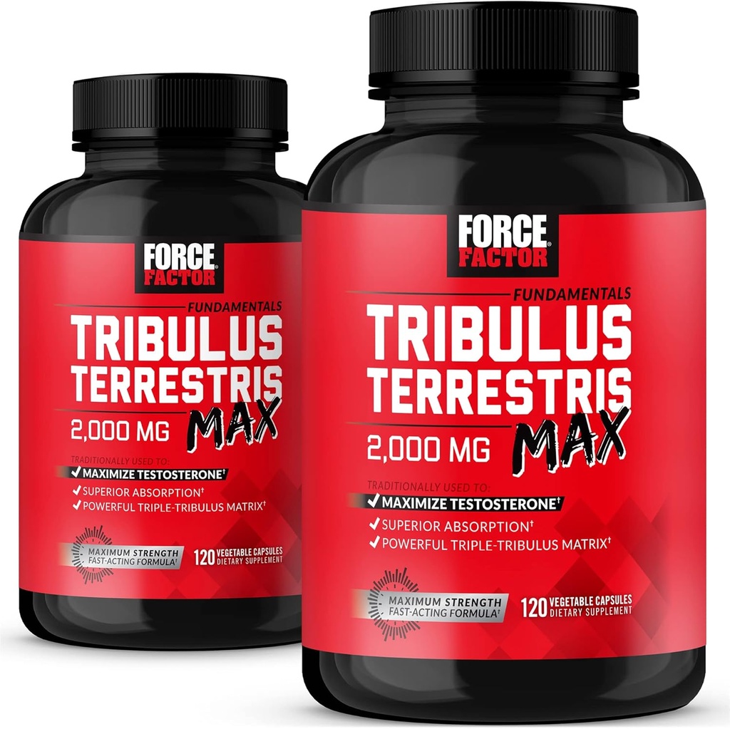 FORCE FACTOR Tribulus Terrestris Max dla mężczyzn 2 -Pack, Testosteron Booster, męski suplement witalności, Made with Key Natural Ingredients Superior Absorption, 2000mg, 240 kapsułki, czerwony