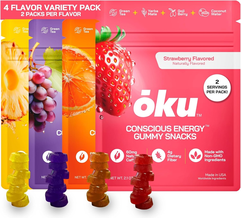 Moku Energy Chews - Energy Gummies w / Naturalna kofeina z zielonej herbaty 124; Yerba Mate, Woda kokosowa do hydrolizy, 4g Fiber Gummy, Non-GMO Gummy 124; Bieganie, Jazda na rowerze, On- The- Przekąski, Pakiet odmiany (8- Pack)