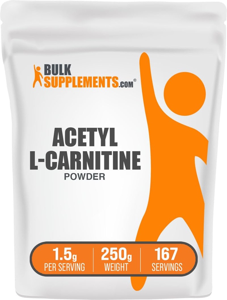 BulkSupplements.com Acetyl L- Karnityna w proszku - jako ALCAR HCl, suplement karnityny - Bez glutenu, 1,5g na jedną porcję, 250g (8,8 oz) (opakowanie po 1)