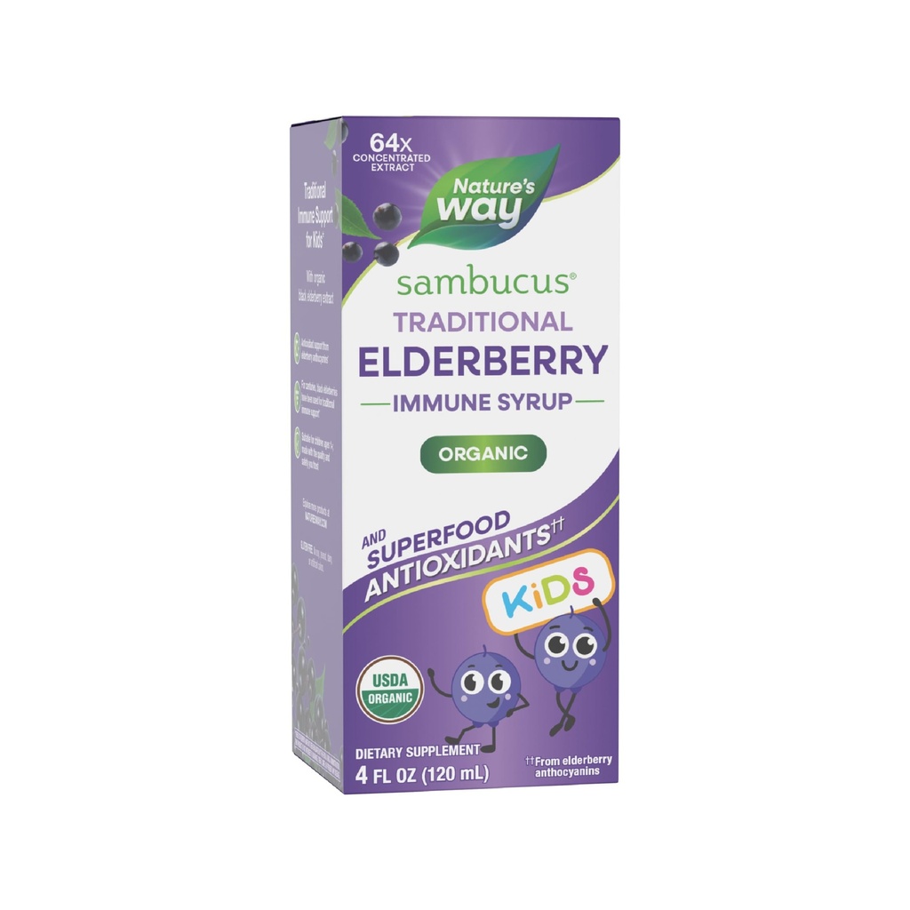 Nature 's Way Sambucus Elderberry Tradycyjny syrop immunologiczny dla wieków 1 +, Tradycyjne wsparcie immunologiczne *, Wsparcie przeciwutleniacze *, Czarny ekstrakt Elderberry, USDA Certified Organic, 4 Fl Oz