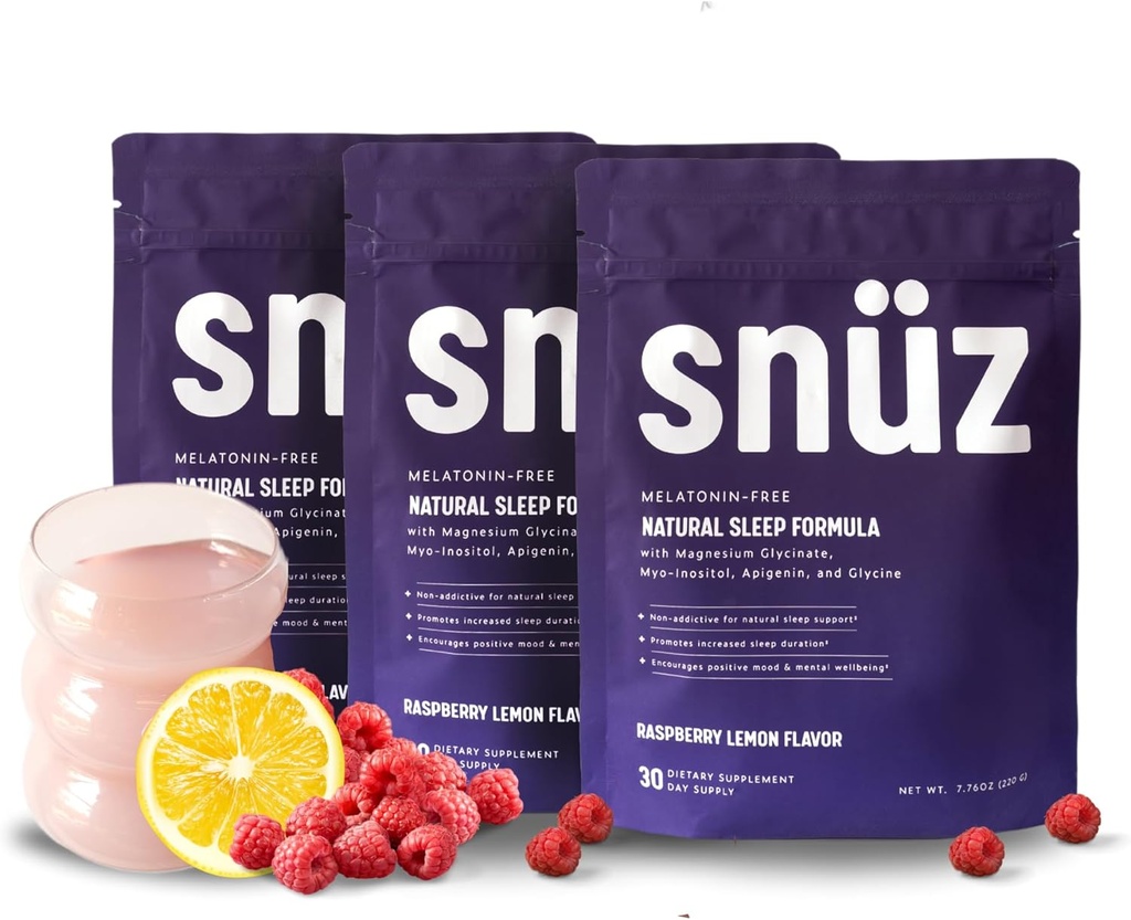 snüz Natural Sleep Supplement with Magnezu Glycinate, Myo- Inositol, Apigenin & Glicyna, Melatonin Free, Pomoc dla dorosłych, Nie GMO, Gluten Free, Wegan, Malina Lemon Flavor, 90 Svgs