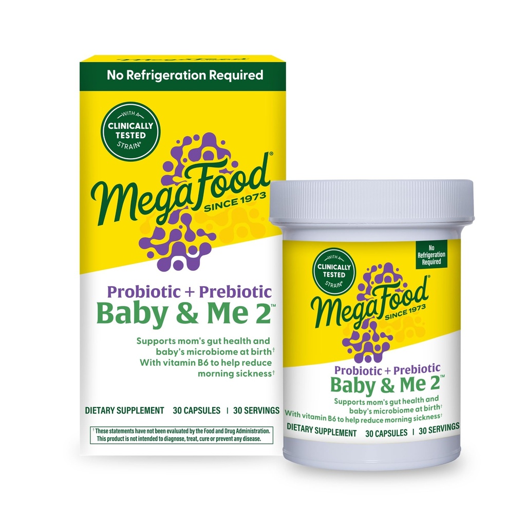 MegaFood Baby & Me 2 Probiotyk prenatalny, Prebiotyki ciąży wegetariańskiej i probiotyki dla kobiet, Pokarm zdrowia i wsparcia immunologicznego z witaminą B6 na poranne choroby, 30 Kapsułki