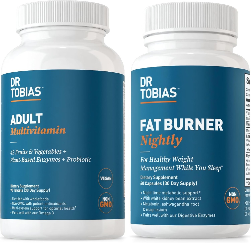 Dr Tobias Fat Burner Nightly & Adult Multivitamin wspiera energię, odporność i metabolizm z Ashwagandha. 42 Owoce i warzywa z probiotyki, zielony ekstrakt Fasola kawa, Non-GMO, 30 Day Supply