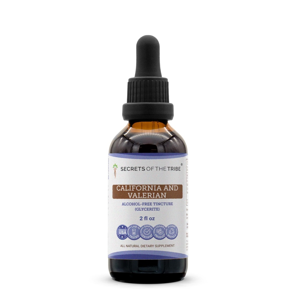 Tajemnice plemion California i Valerian Tincture Alcohol- Free Extract, Herbs (California Poppy Herb and Flower, Valerian Root) 2 oz