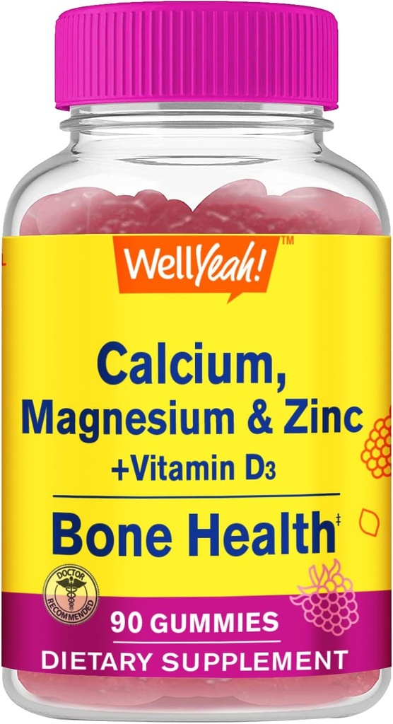Wapń, Magnez, Cynk + Witamina D3 Gummies by WellYeah 124; Wsparcie dla zdrowia kości, mięśni i nerwów, Wsparcie immunologiczne 124; dla mężczyzn i kobiet 124; Gluten Free, Nie GMO 124; Malina Flavor 124; 90 Count