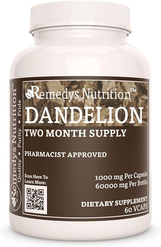 Żywienie Remedy Dandelion Root 124; 1000 mg, 60 Kapsułek Wegańskich Ziołowych Suplement diety 124; Dwa miesiące dostaw