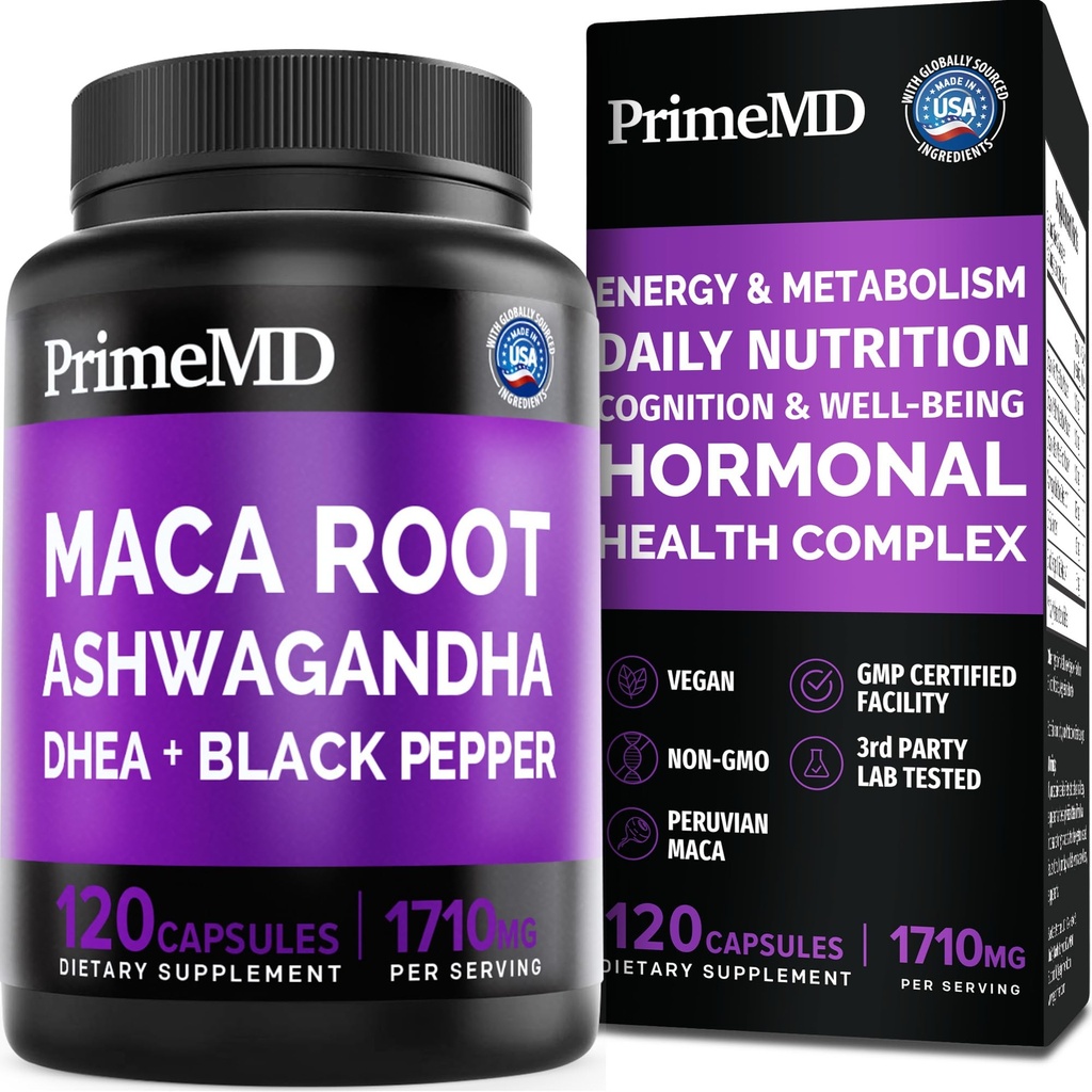 6- in-1 Organic Maca Root Ashwagandha kapsułki 1710mg z DHEA i Black Pepper Fruit Extract for Women and Men - Black Maca Supplement for Stamina, Bone and Mood Supplement, 120 liczenie