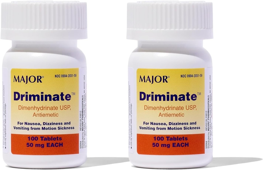 Dryminian MAJOR - Dimenhydrinat 50mg tabletki na chorobę ruchową - Leki przeciwwymiotne - 100 tabletek (2 opakowania)