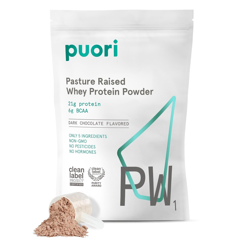 Proszek z białka serwatki Puori, Ciemna Czekolada - PW1 Podwyższone, Napoje z białka serwatkowego w proszku zawierające Acidy Amino BCAA - Post- Workout Supplement for Muscle Gain & Recovery - 30 Serwacje