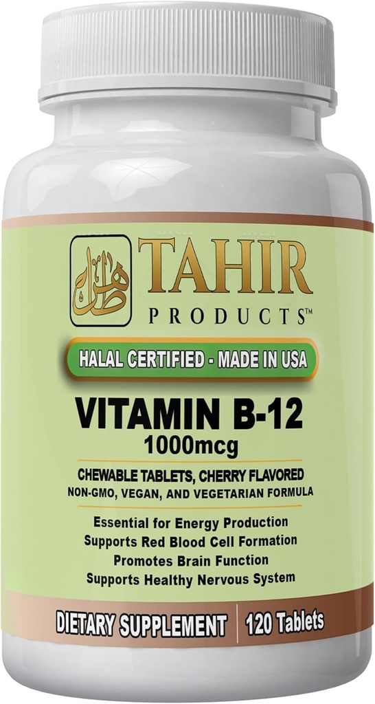 Tahir Halal Witamina B12 1000mcg: Wzmacnia energię, metabolizm i zdrowie układu nerwowego. Wegański & Wegetariański, Darmowy, 120 tabletek do żucia. Made in USA - Certified Halal.